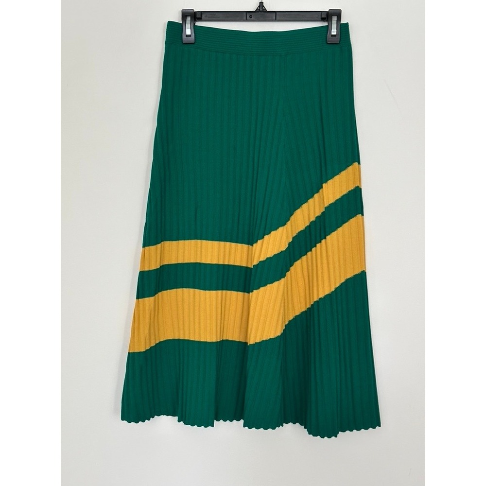 Wales Bonner Volta Jazz Skirt M Green Yellow Ribbed Knit Pleated Midi Chevron